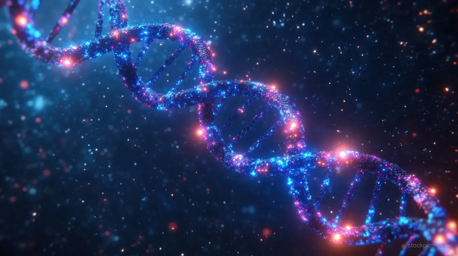 Neon glowing DNA double helix curves through a starry cosmic background with sparkling data particles.