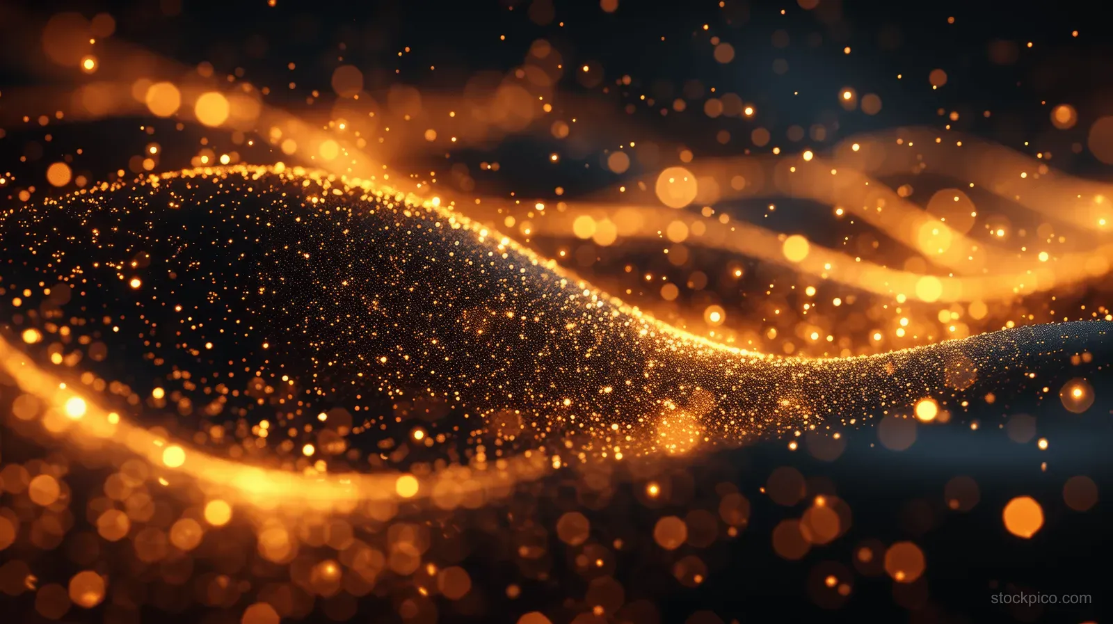 Golden glitter rings and sparkling bokeh glow across a black abstract background.