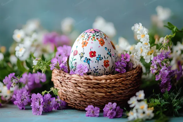 A painted Easter egg in a woven nest surrounded by purple and white spring flowers.