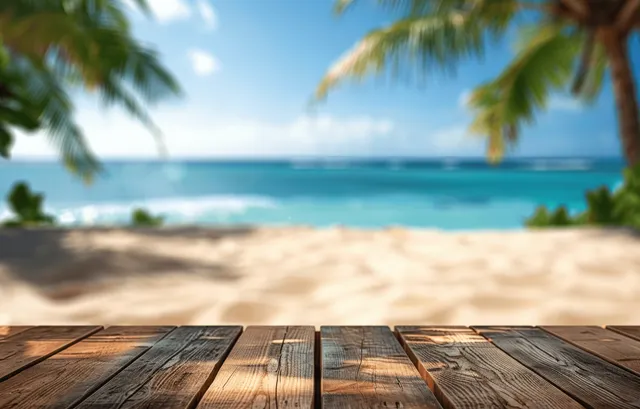 Wooden tabletop in the foreground with a blurred tropical beach and turquoise ocean horizon in the background.