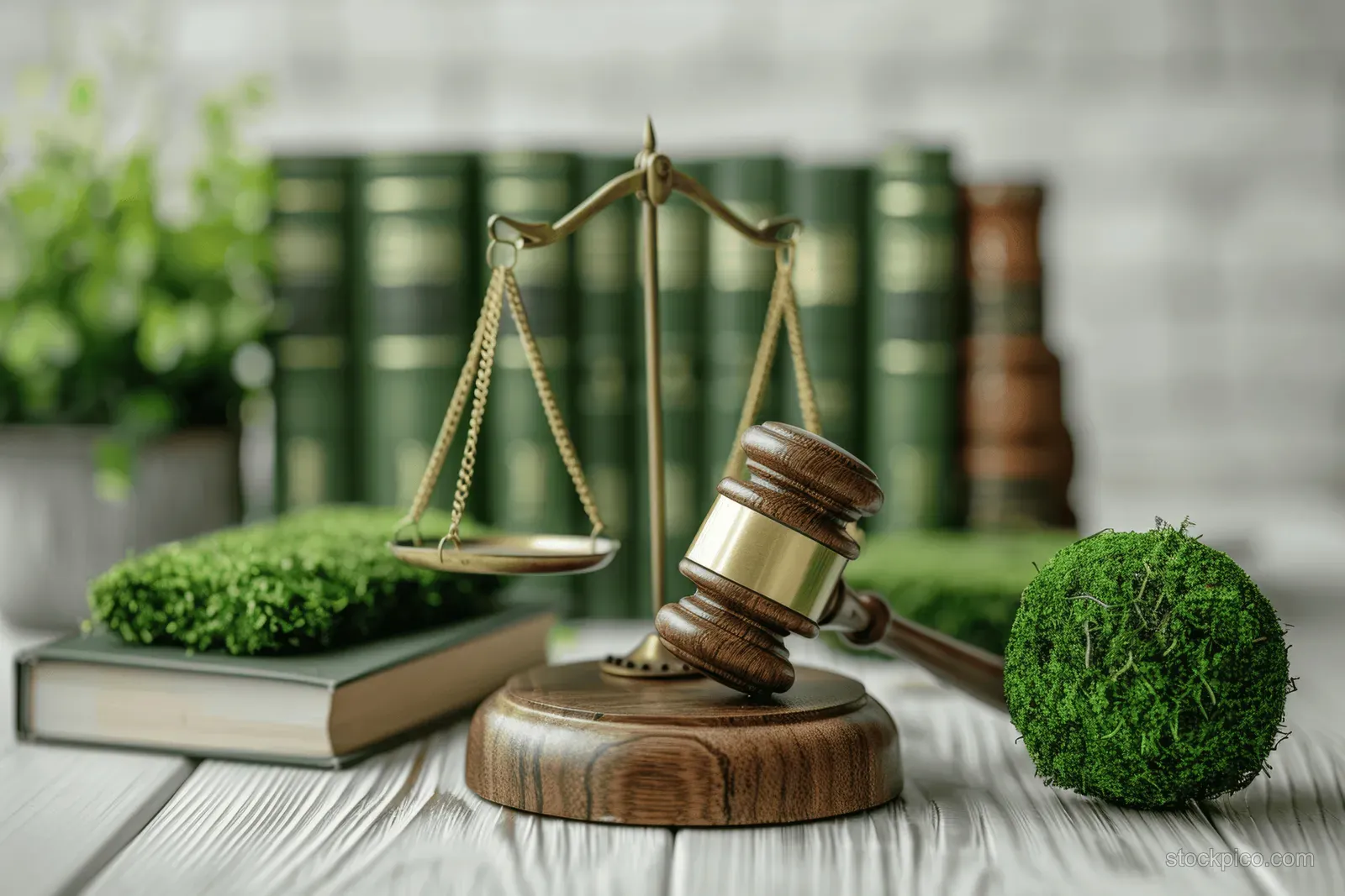 Wooden balancing scale and green globe-like objects on a desk with law books for environmental regulation theme.