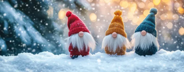 Three gnomes with colorful hats stand in snowy forest while snowflakes fall and warm bokeh lights glow behind.