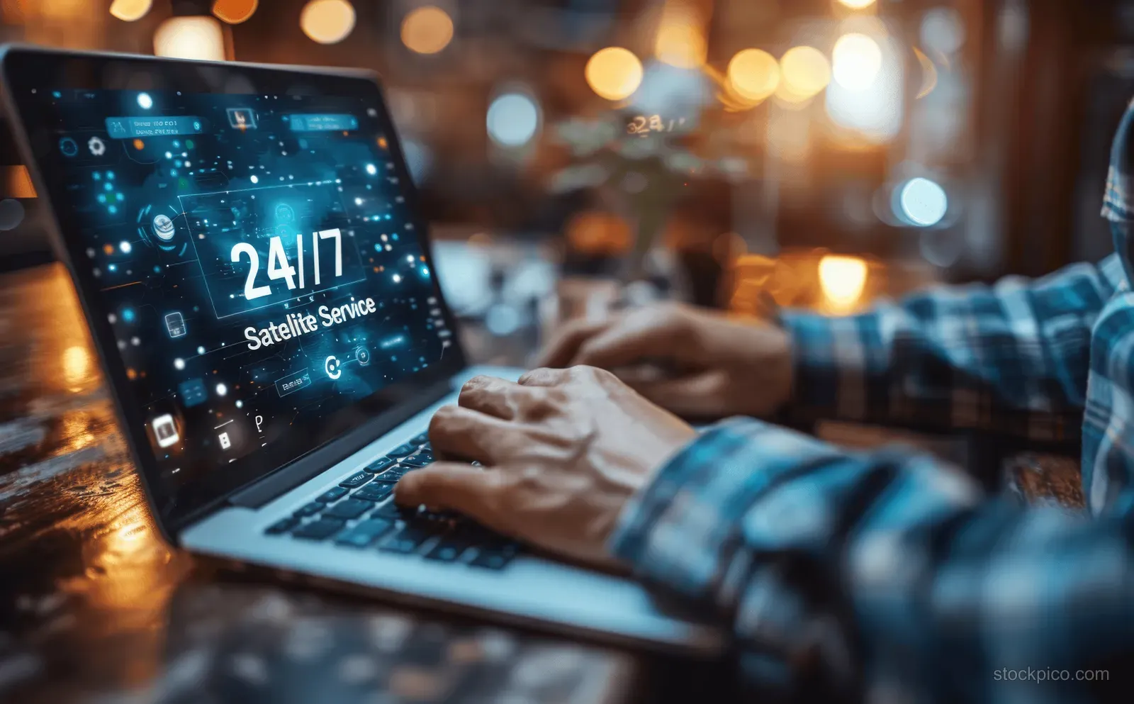 A customer support agent types on a laptop showing a 24/7 service screen at a warmly lit desk.