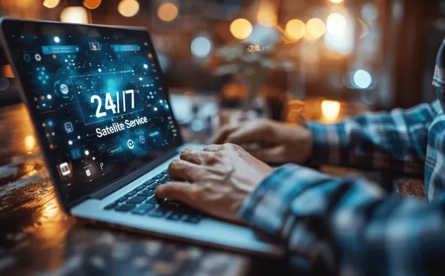 A customer support agent types on a laptop showing a 24/7 service screen at a warmly lit desk.