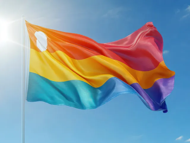Intersex-inclusive pride progress flag waves on a pole against a clear blue sky.
