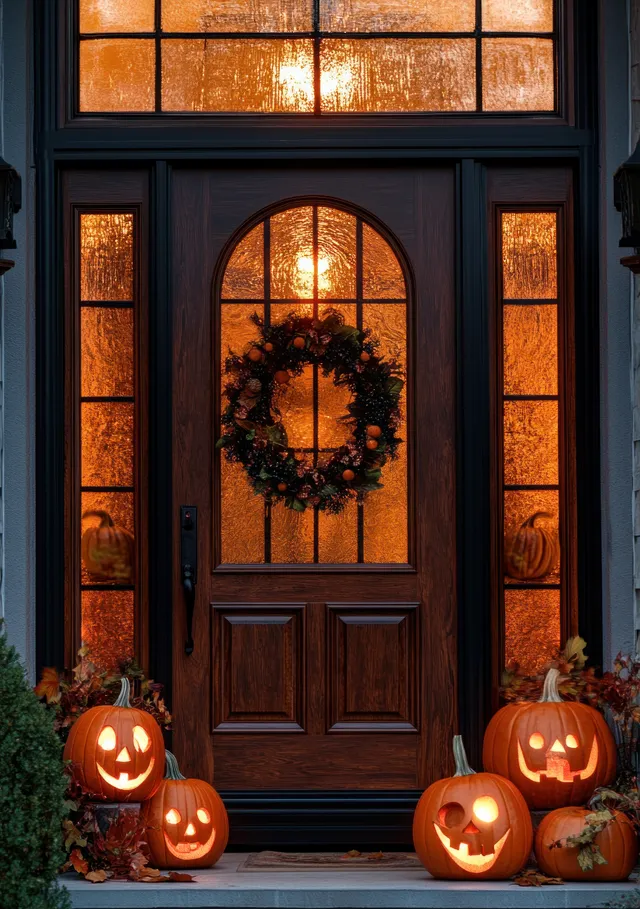 Warmly lit wooden front door with decorative glass panels, autumn wreath, and glowing carved pumpkins on the porch steps at dusk.