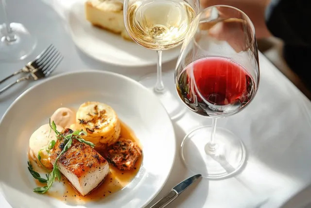 Grilled fish and mashed potatoes on a white plate beside red and white wine glasses on a tablecloth.