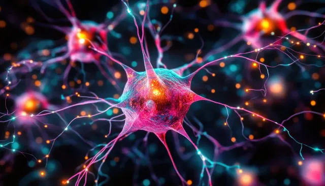 Neon-glowing neuron with dendrites and axons transmitting electrical signals across a dark background.