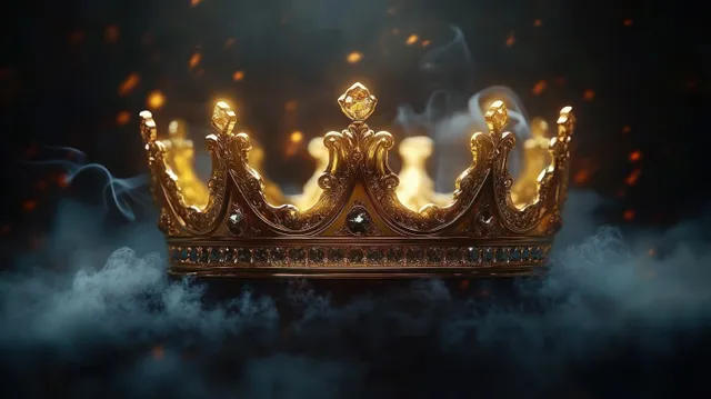 Golden royal crown resting on dark surface amid mystical smoke and glowing embers