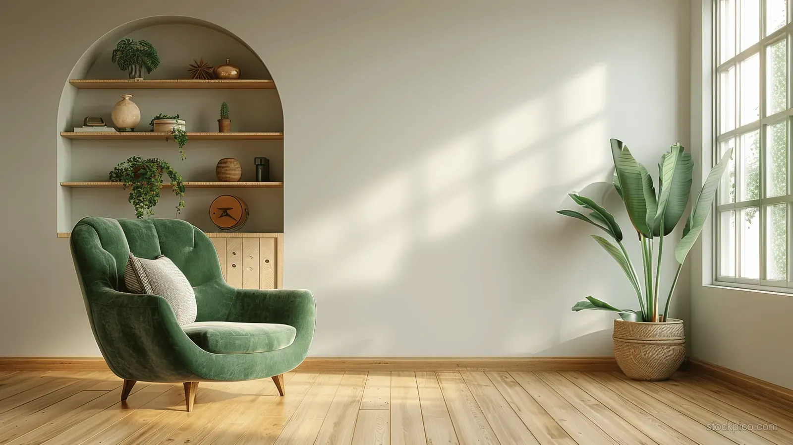 Green armchair sits beside an arched wooden shelf on a white wall with sunlight casting shadows.