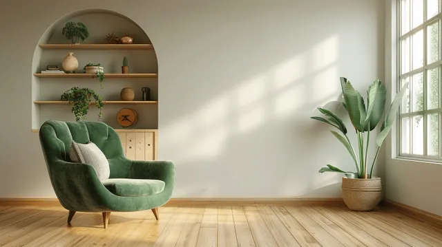 Scandinavian minimalist living room with green armchair, wooden shelf, sunlight shadows with Sunlit Window Scene