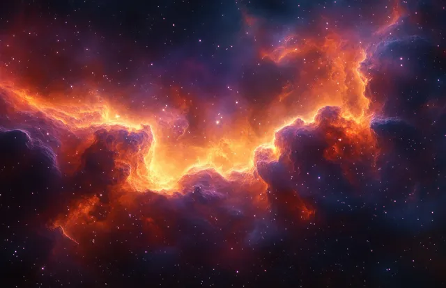 A bright orange and yellow nebula glows in deep space surrounded by dark dust clouds and scattered stars.