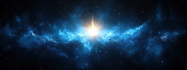 A bright starburst lights up blue nebula clouds with radiating lens flare rays and sparkling glare.