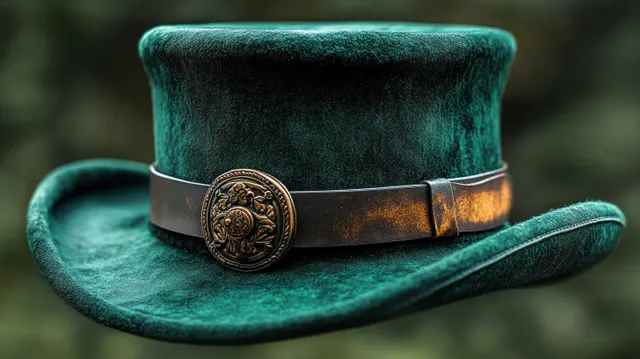 Green velvet top hat close-up with a brown leather band and an ornate antique brass buckle.