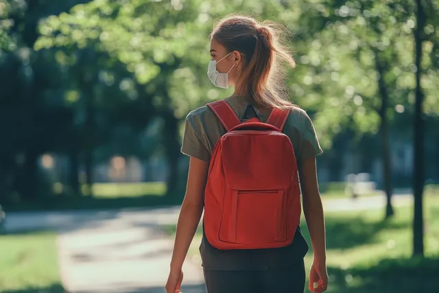 A masked young woman walks in a sunlit park wearing a red backpack.