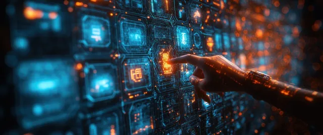 A glowing hand reaches toward illuminated server screens in a layered digital network backdrop.