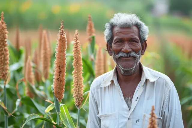 Smiling Indian farmer stands among tall sorghum plants, holding a millet stalk in a lush rural field.