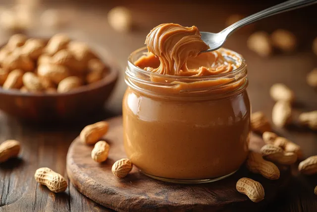 A spoon lifts a swirl of creamy peanut butter from a glass jar while whole peanuts rest on a wooden table.