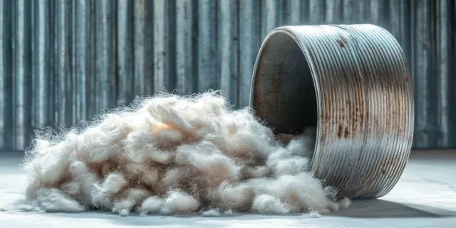 Rusty tin can open at one end with loose white cotton fibers spilling onto a flat surface against corrugated metal.