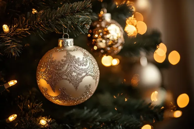 Golden glitter Christmas bauble hanging on a dark green tree with warm glowing lights blurred behind.