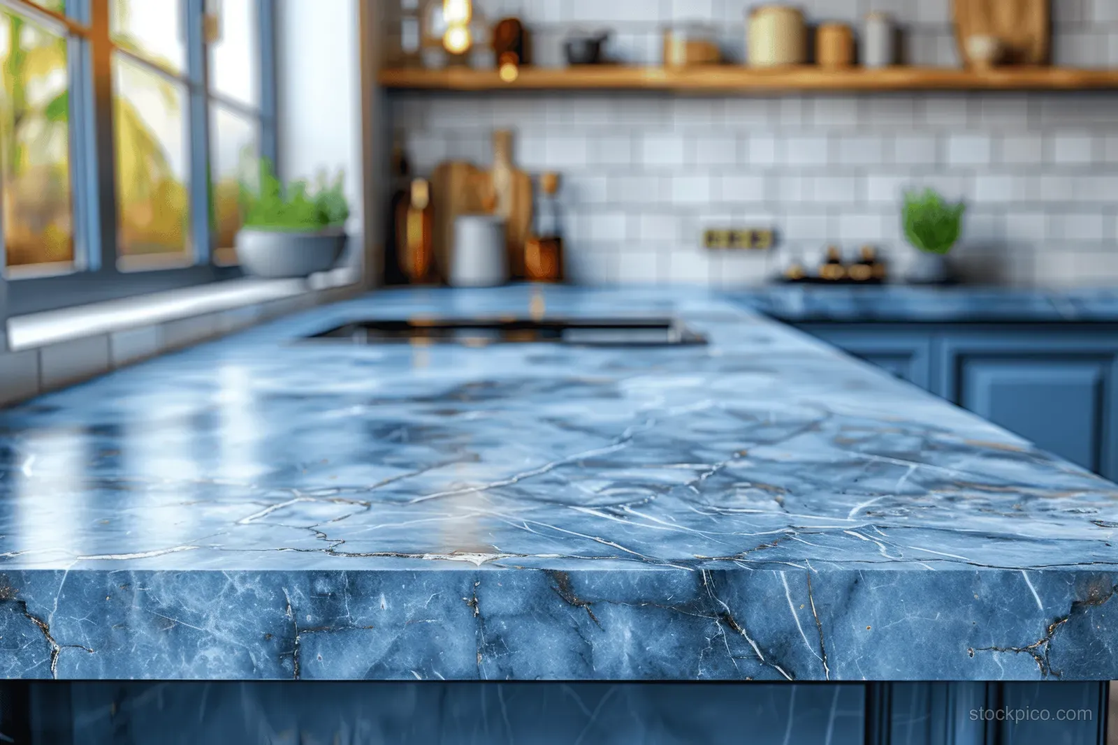 Blue marble kitchen countertop in the foreground with utensils, plants, and window light behind it.