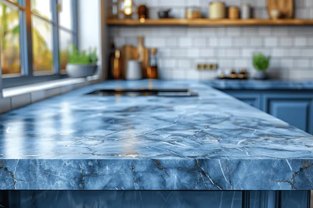 Blue marble kitchen countertop with glossy surface, utensils, and window light