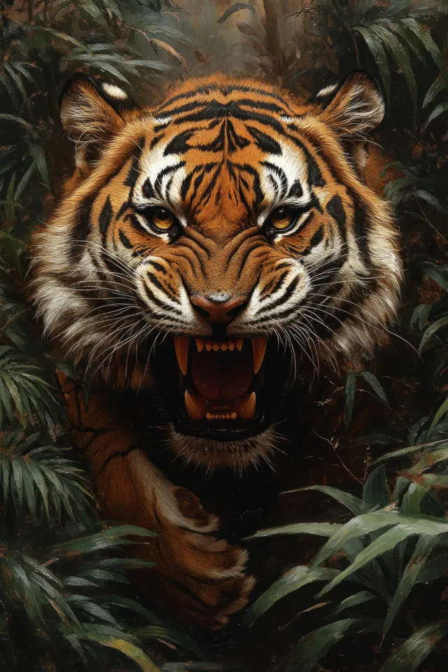 A snarling Bengal tiger emerges from dense jungle foliage with bared teeth and intense eyes.