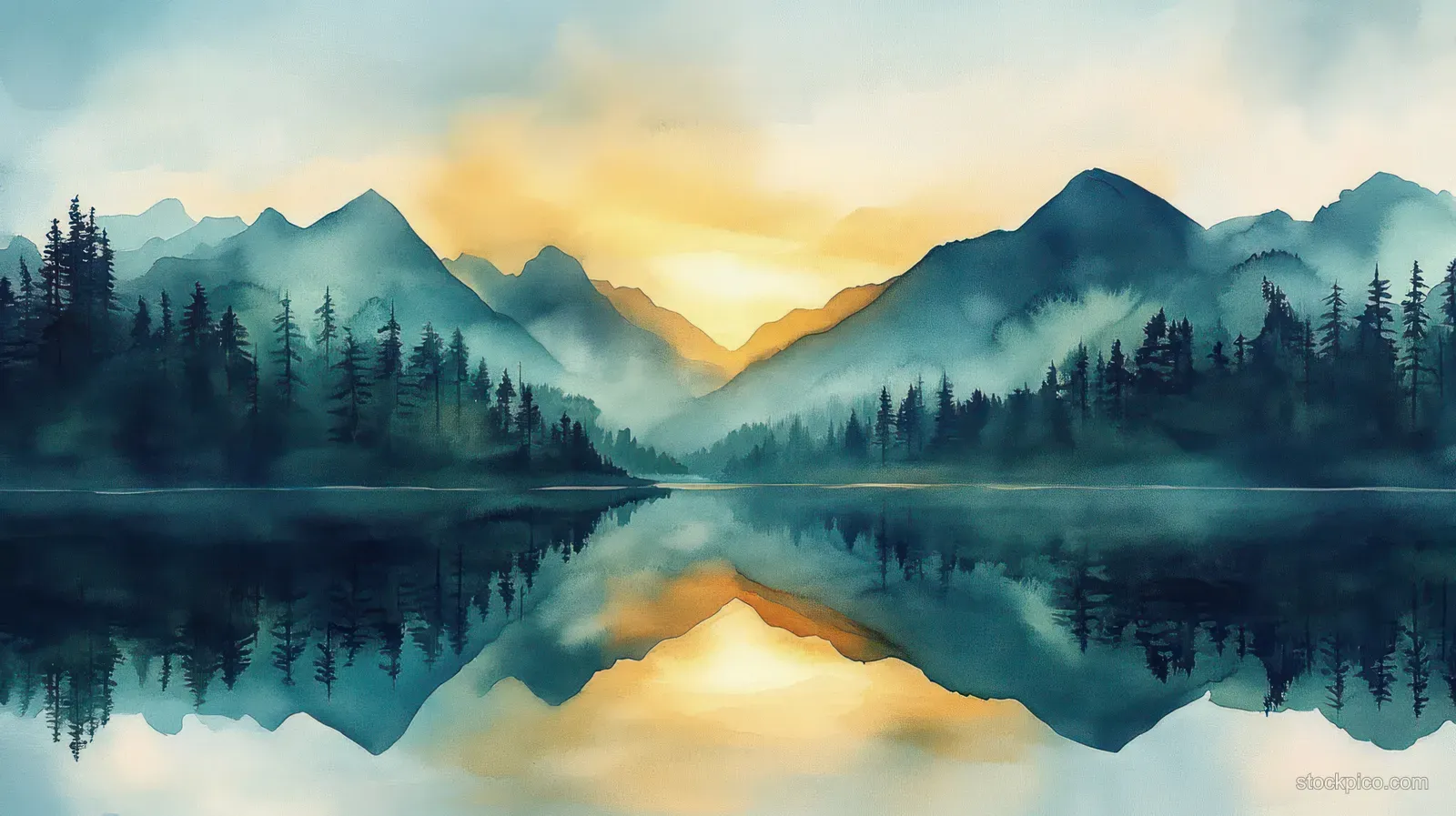Sunrise illuminates misty mountain peaks, with pine silhouettes reflected across a calm lake.