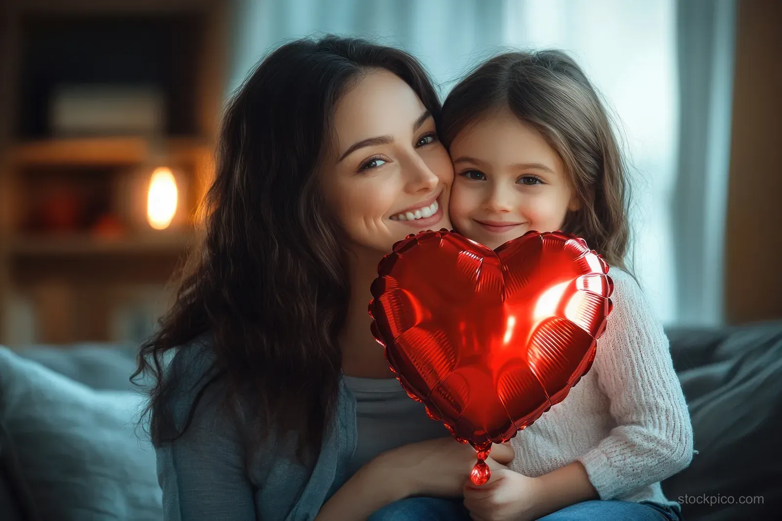 Mother and daughter smile while holding a red heart balloon in a cozy living room.