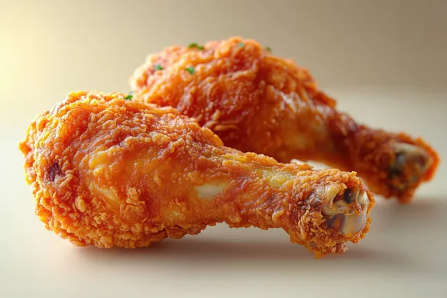 Two fried chicken drumsticks with golden crispy coating arranged on a neutral background.