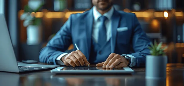 A businessman in a suit writes notes beside a tablet and laptop during a team strategy meeting at a desk.