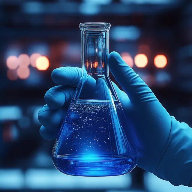 A gloved hand holds a clear flask containing bubbling blue liquid in a softly lit laboratory.