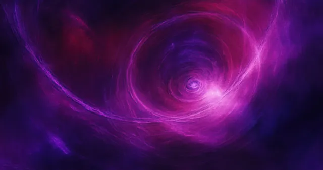Purple and pink nebula clouds swirl into a glowing cosmic vortex deep in space.