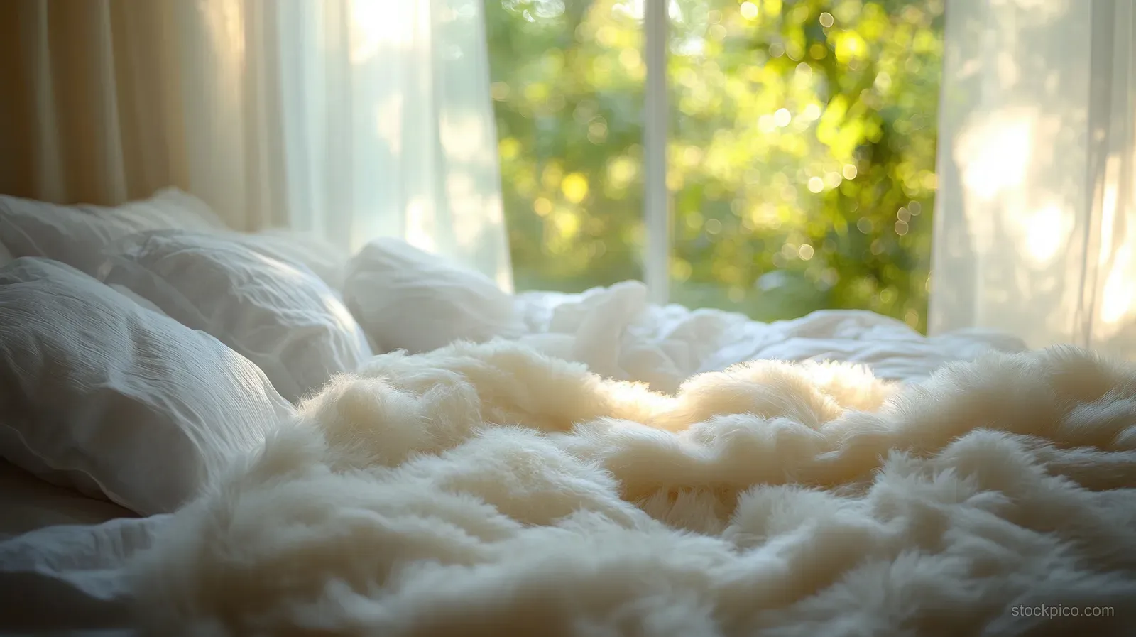 A neatly made bed with fluffy white pillows sits in soft morning sunlight near a bright window.