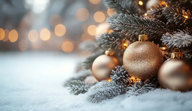 A Christmas tree branch with golden ornaments and white lights sits on snow with blurred lights in the background.