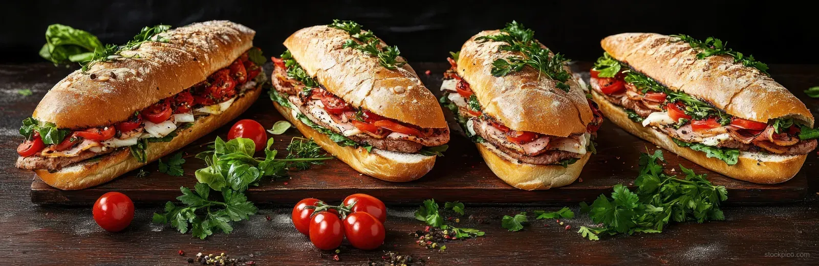 Four grilled meat sandwiches with tomato and herb toppings arranged on a rustic wooden board with scattered cherry tomatoes.