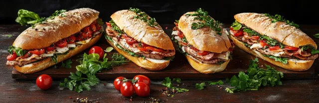 Four grilled meat sandwiches with tomato and herb toppings arranged on a rustic wooden board with scattered cherry tomatoes.