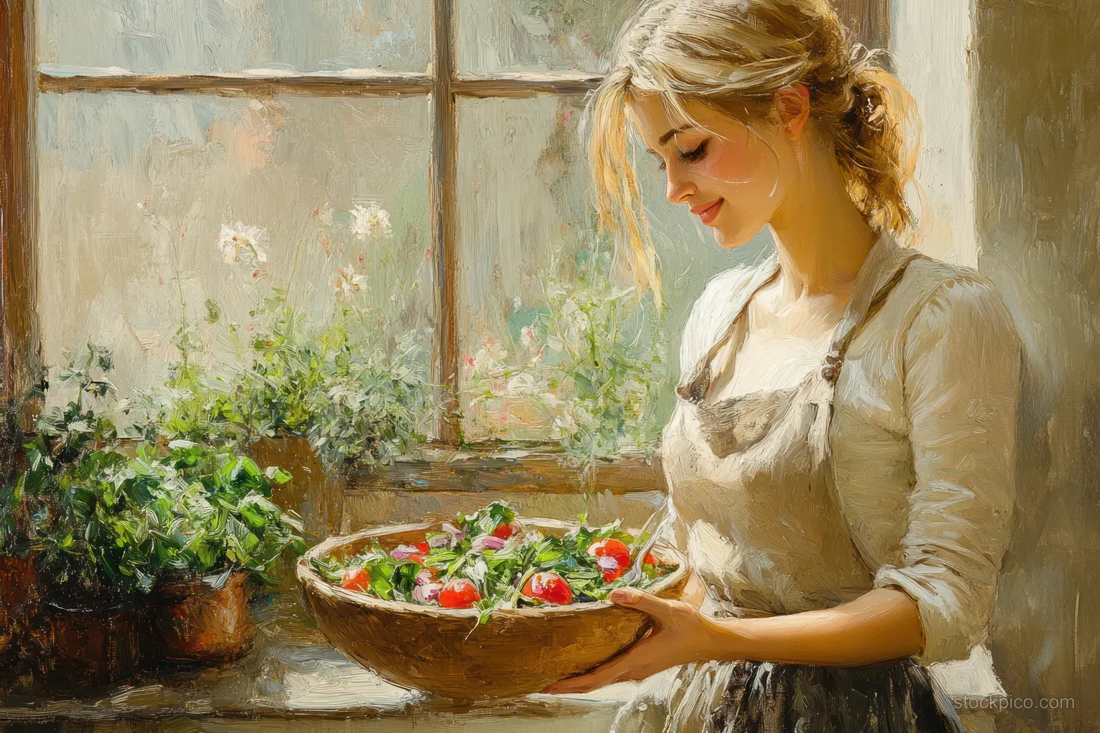 Smiling woman holding a fresh salad bowl in a sunlit cozy kitchen near a potted plant.