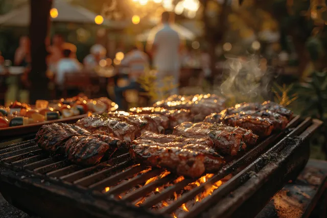 Sizzling barbecue ribs on a backyard grill with blurred friends and family chatting in golden-hour light.