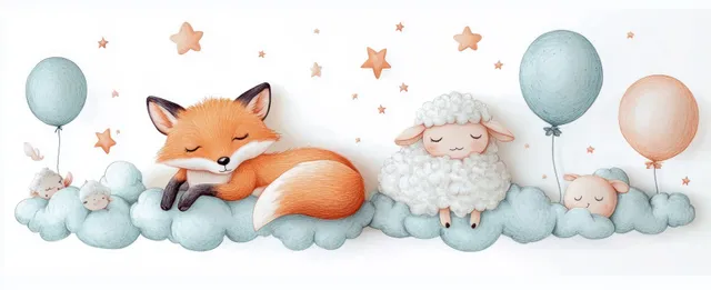Watercolor sleeping fox among fluffy sheep on clouds under stars and drifting balloons