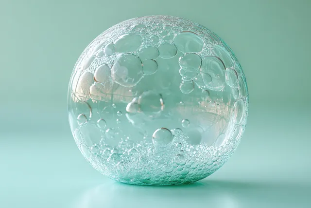 Translucent foam bubble sphere filled with tiny suds on a light green background.