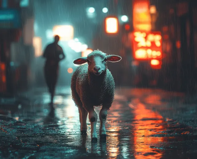 Sheep walks through rainy neon city at night, droplets catching soft streetlights