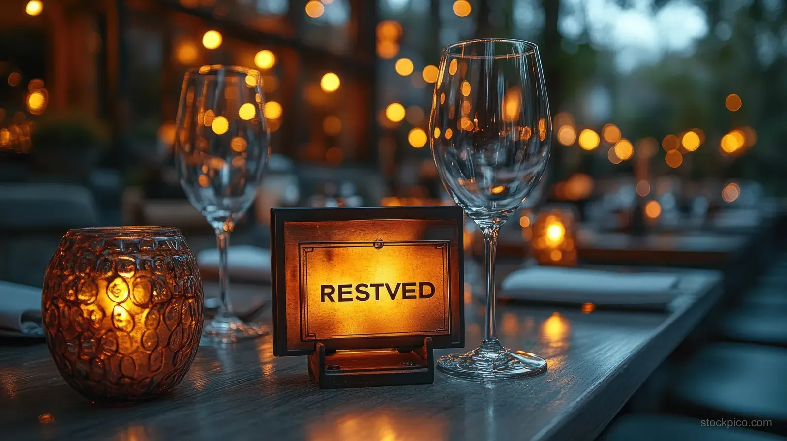 A reserved sign card on a polished dining table with candlelight, glassware, and gold decor in a restaurant setting.