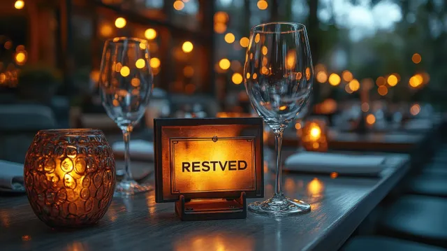 A reserved sign card on a polished dining table with candlelight, glassware, and gold decor in a restaurant setting.