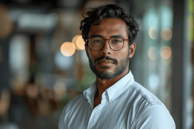 Young executive stands in a modern office holding a tablet while background bokeh lights blur softly.