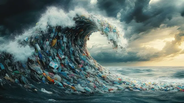 A stormy ocean wave made of floating plastic waste and debris with bottles and bags visible.