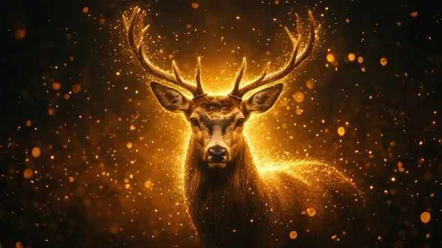 Golden glowing deer head with antlers emerges from dark geometric background filled with sparkling particles.