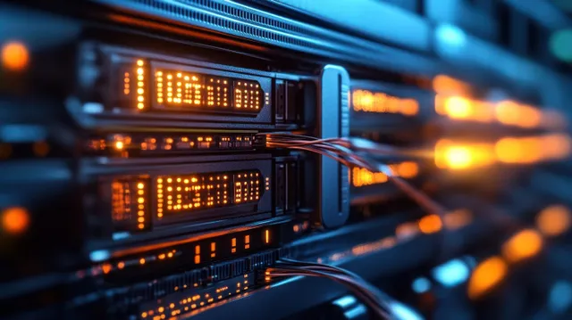 Close-up of illuminated server rack ports and cables with blue and orange LED indicator lights.