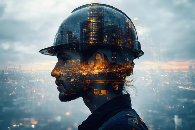 Construction worker in a safety helmet shown in double exposure with a glowing night city skyline behind them.