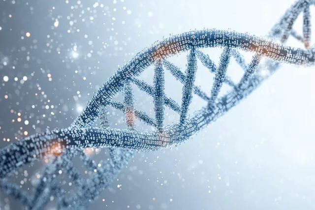 Futuristic glowing DNA helix wrapped in binary code for medical biotechnology concept